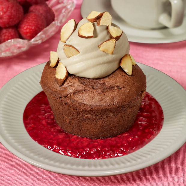 Devil's Food Cupcakes with Almond-Mocha Topping on Raspberry Sauce